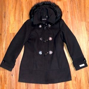 *SOLD* Calvin Klein Black Toggle Coat M NWOT Fur Hood Winter Autumn